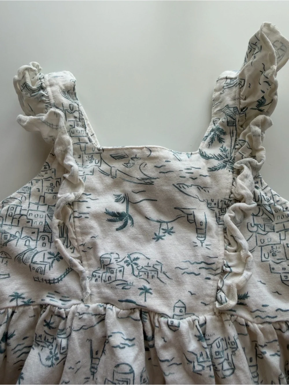 Cream Ruffled Sundress with Teal Scenic Print for Girls